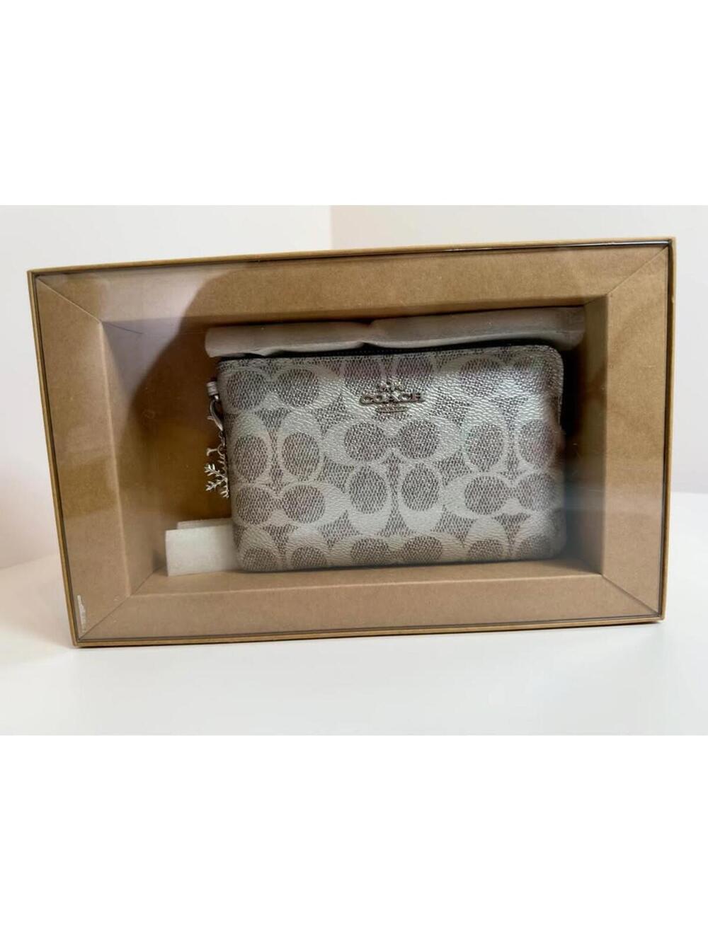 Coach Silver Gray Metallic Signature Wristlet Pouch w Snowflake Charm New in Box